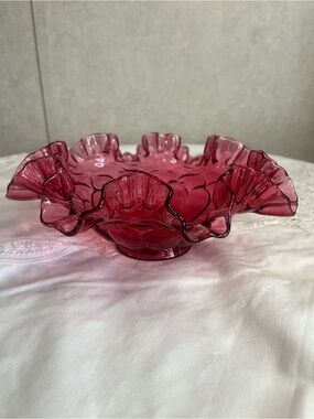 Vintage Fenton Ruffled Edge Cranberry Glass Decorative Bowl
